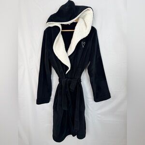 Victoria’s Secret Plush Fleece Hooded Robe Black White Sherpa Tie Waist M/L